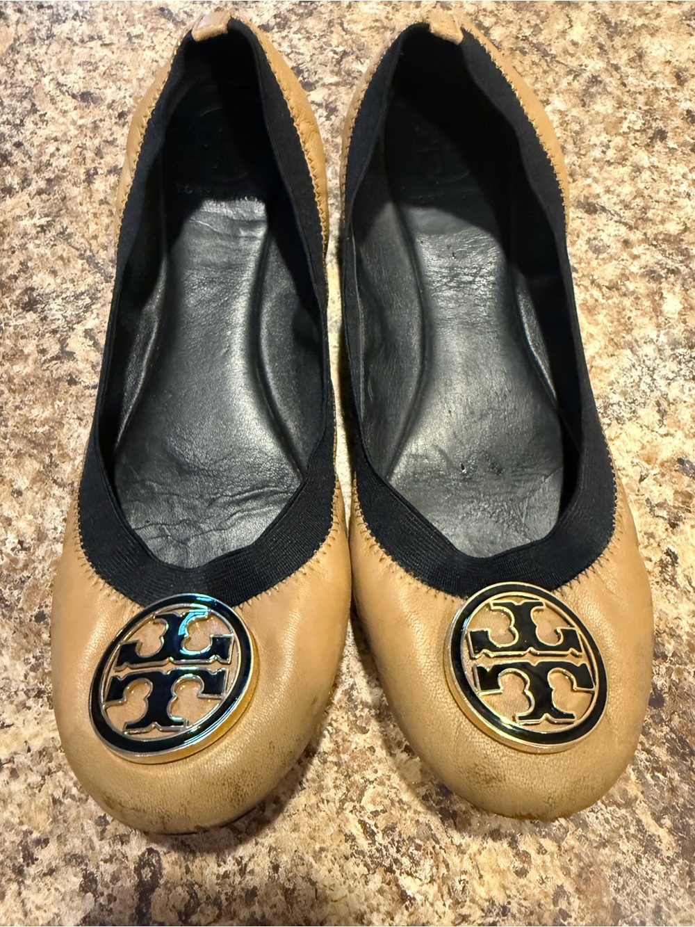 Tory Burch Camel Leather Logo Ballet Flats
